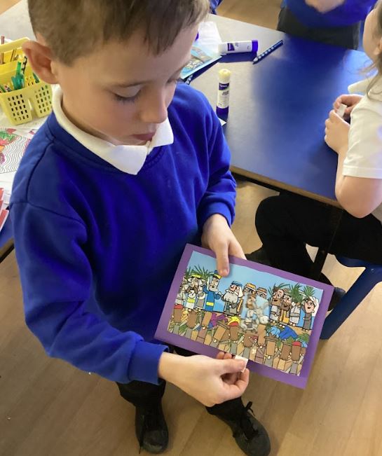 A child pulling along a slider on an Easter card.